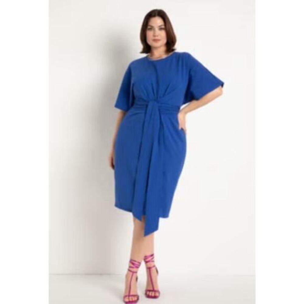 Eloquii Dress Cross Front Flutter‎ Sleeve 26 Cobalt Blue Waist Tie Career Casual